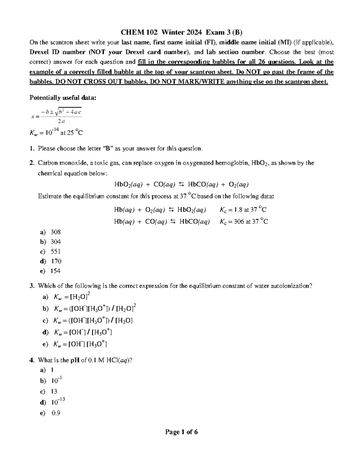 CHEM 102 Winter 2024 Exam 3 (B) with Answer Key - Studocu