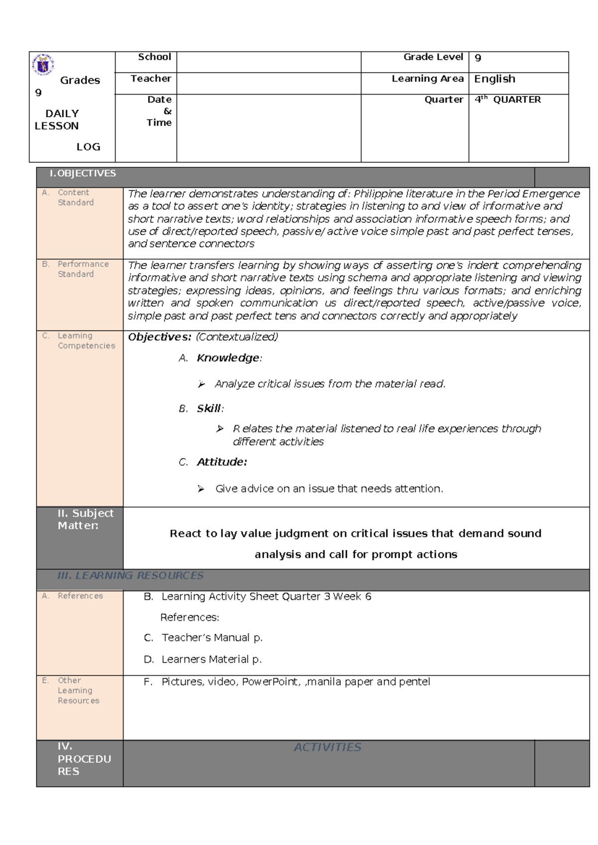 Grade 9 English 4th Quarter Lesson Plan: Critical Reading Strategies ...
