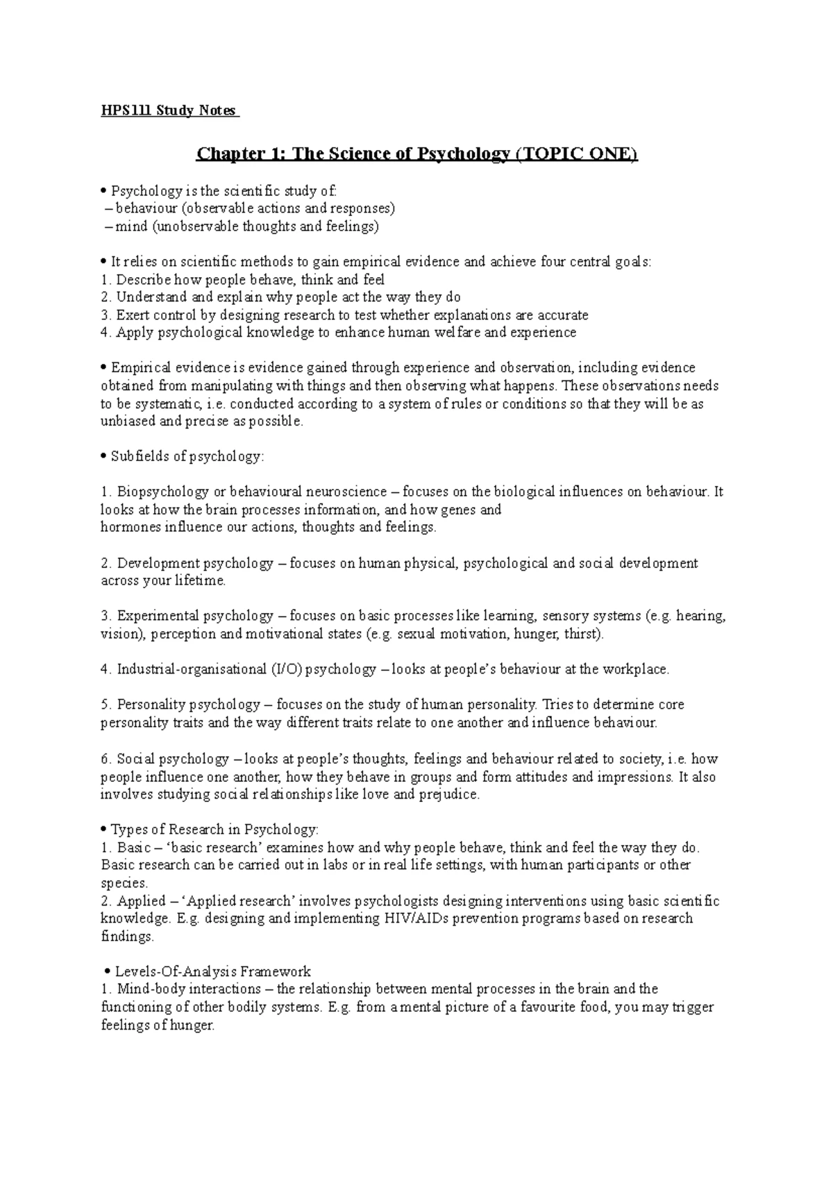 HPS111 - Psychology A: Week 1 Lecture Notes & Activities Overview - Studocu