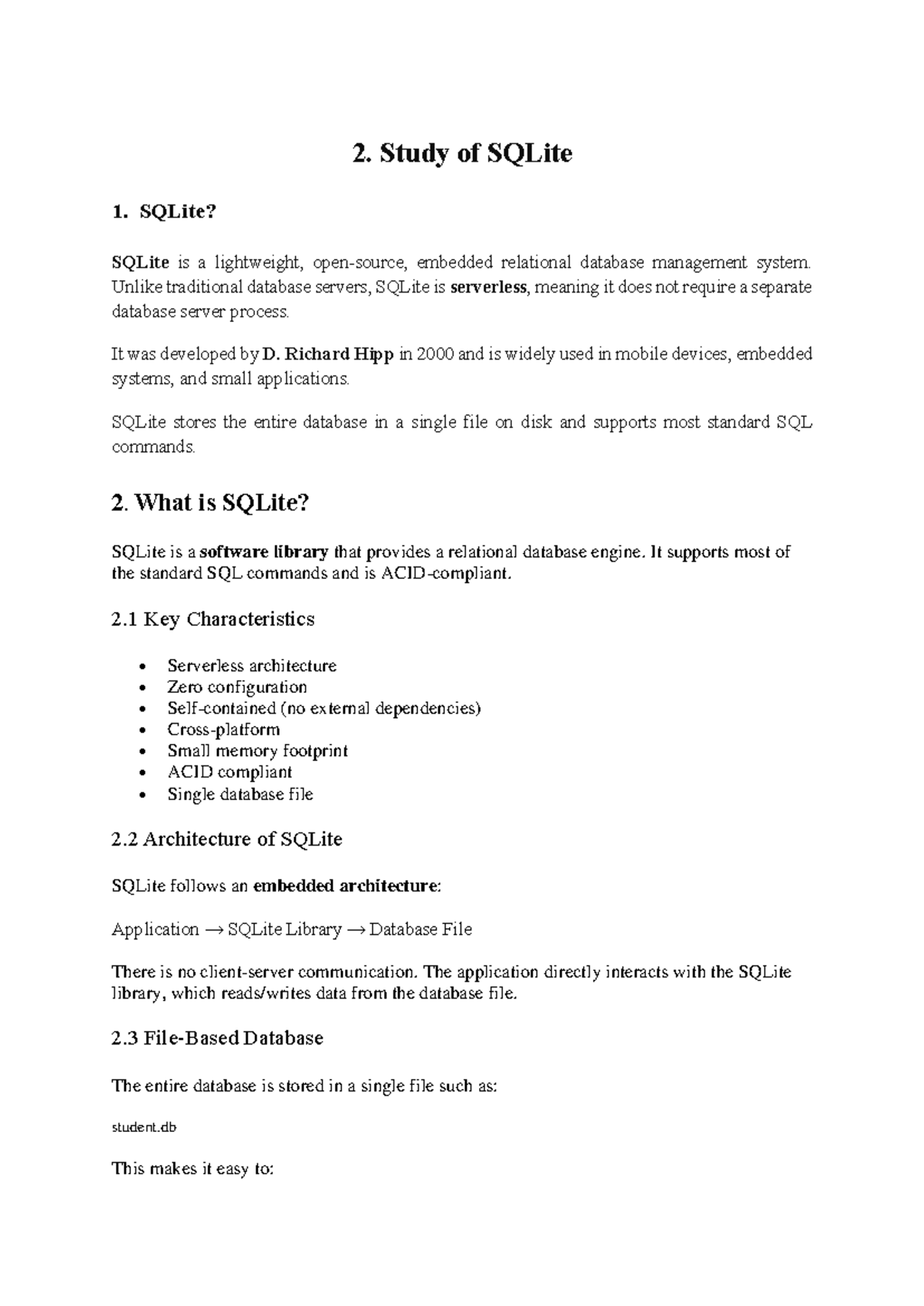 DBMS 2 - SQLite Overview and Key Features Study Guide - Studocu