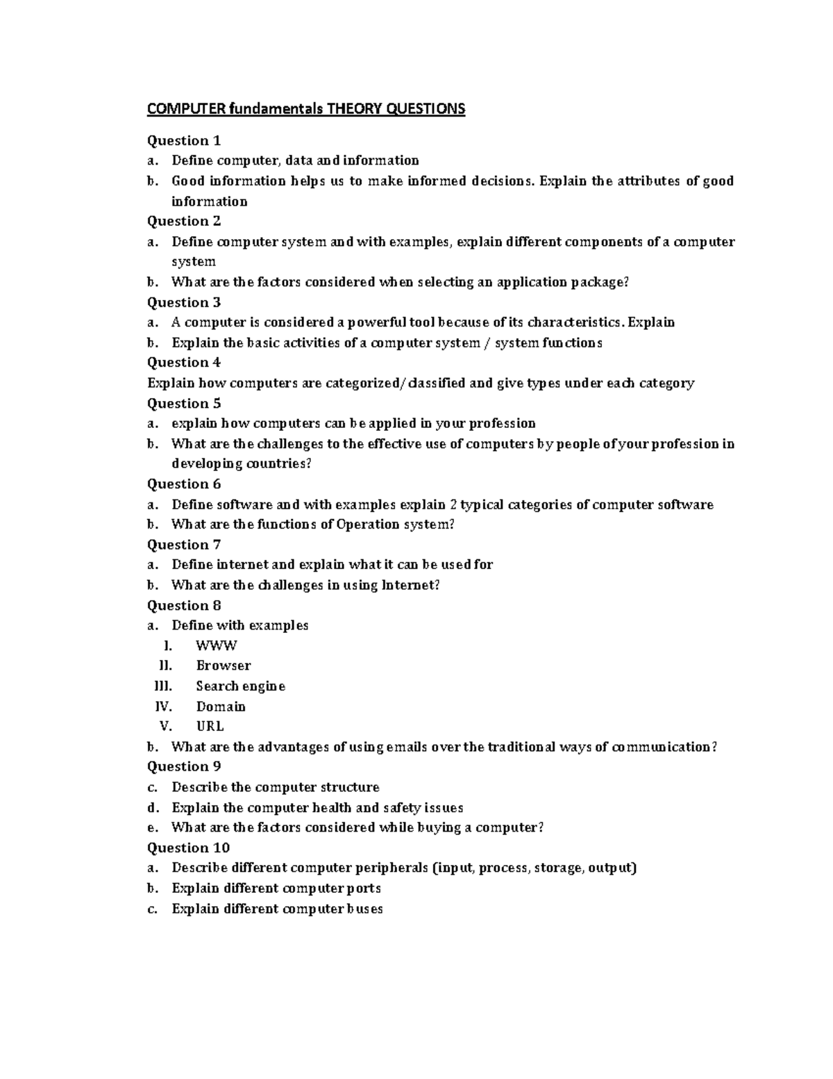Computer fundamentals theory questions - COMPUTER fundamentals THEORY ...