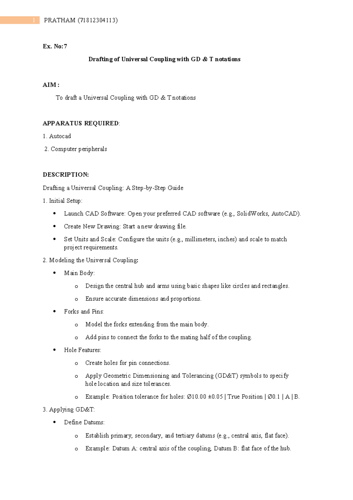 DFM Record-1-3: Drafting Universal Coupling with GD&T Guide - Studocu