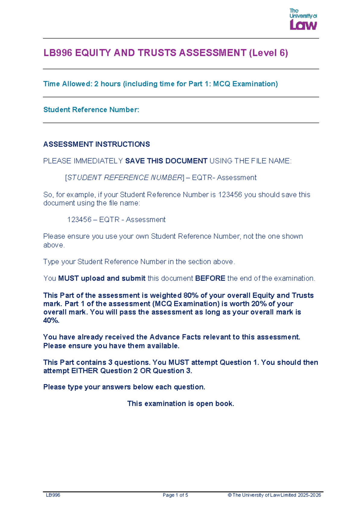 LB996 EQUITY AND TRUSTS ASSESSMENT QUESTION PAPER (Level 6) - Studocu