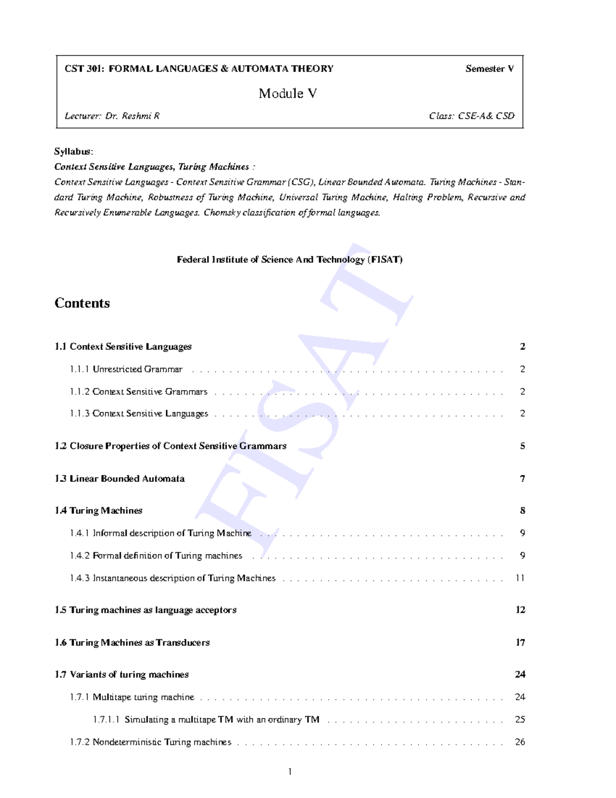 Module 5 - FISAT CST 301: FORMAL LANGUAGES & AUTOMATA THEORY Semester ...