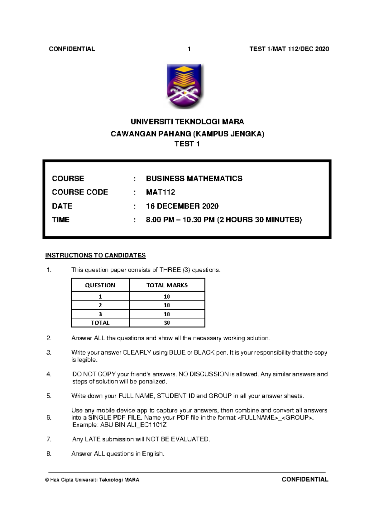 TEST 1 MAT112(A) - Business Mathematics Answer Scheme - Studocu