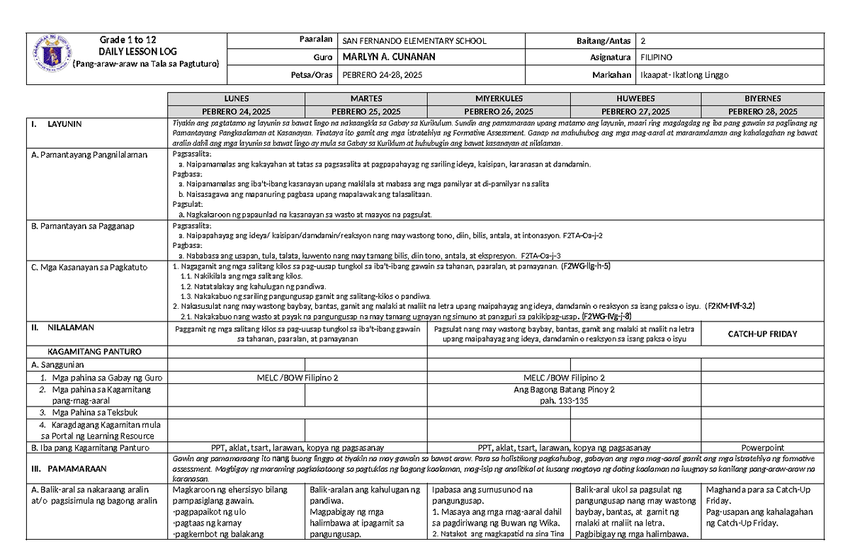 Filipino 2 DLL: Daily Lesson Log for 4th Quarter Week 3 - Studocu