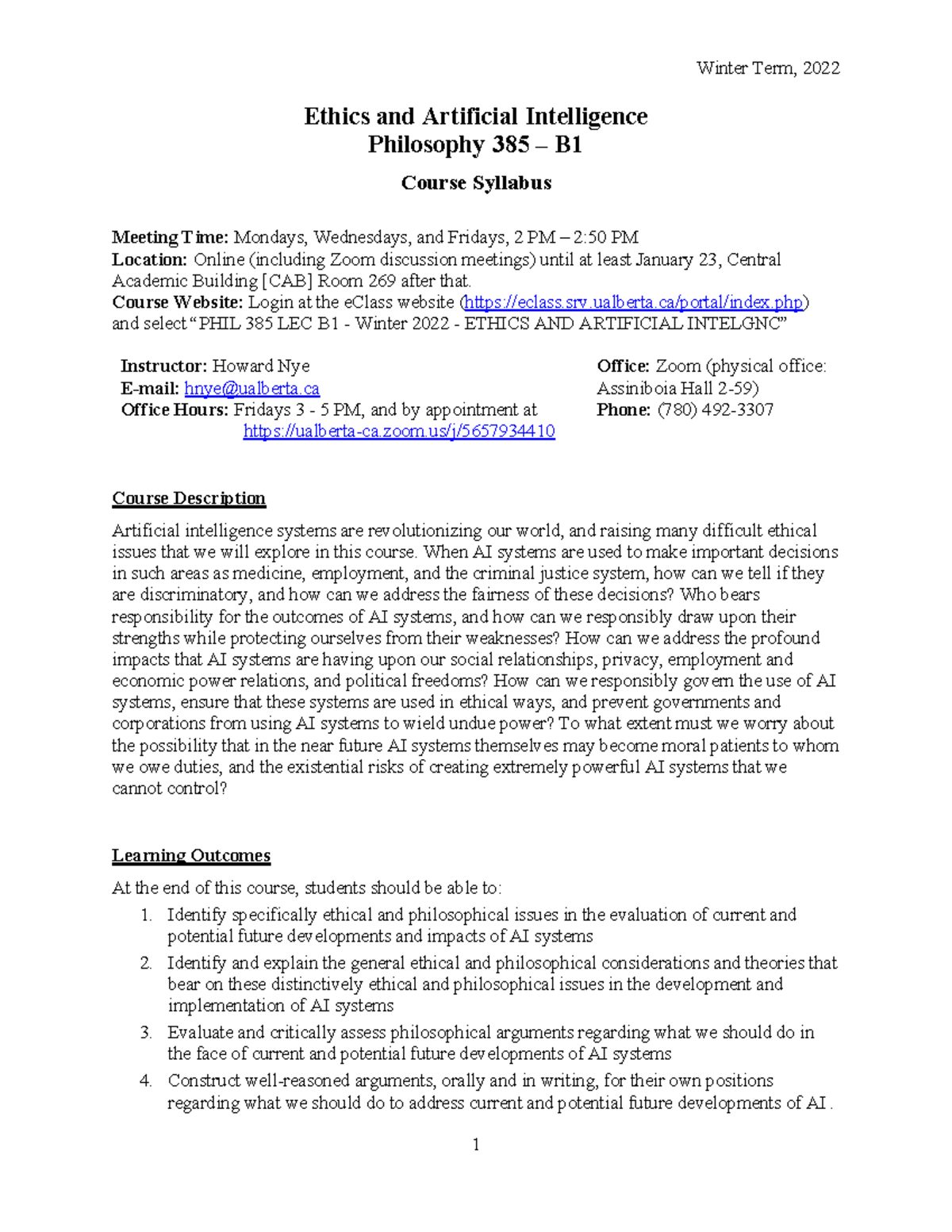 PHIL 385 - Winter 2022 Ethics of AI Lecture Syllabus and Schedule - Studocu
