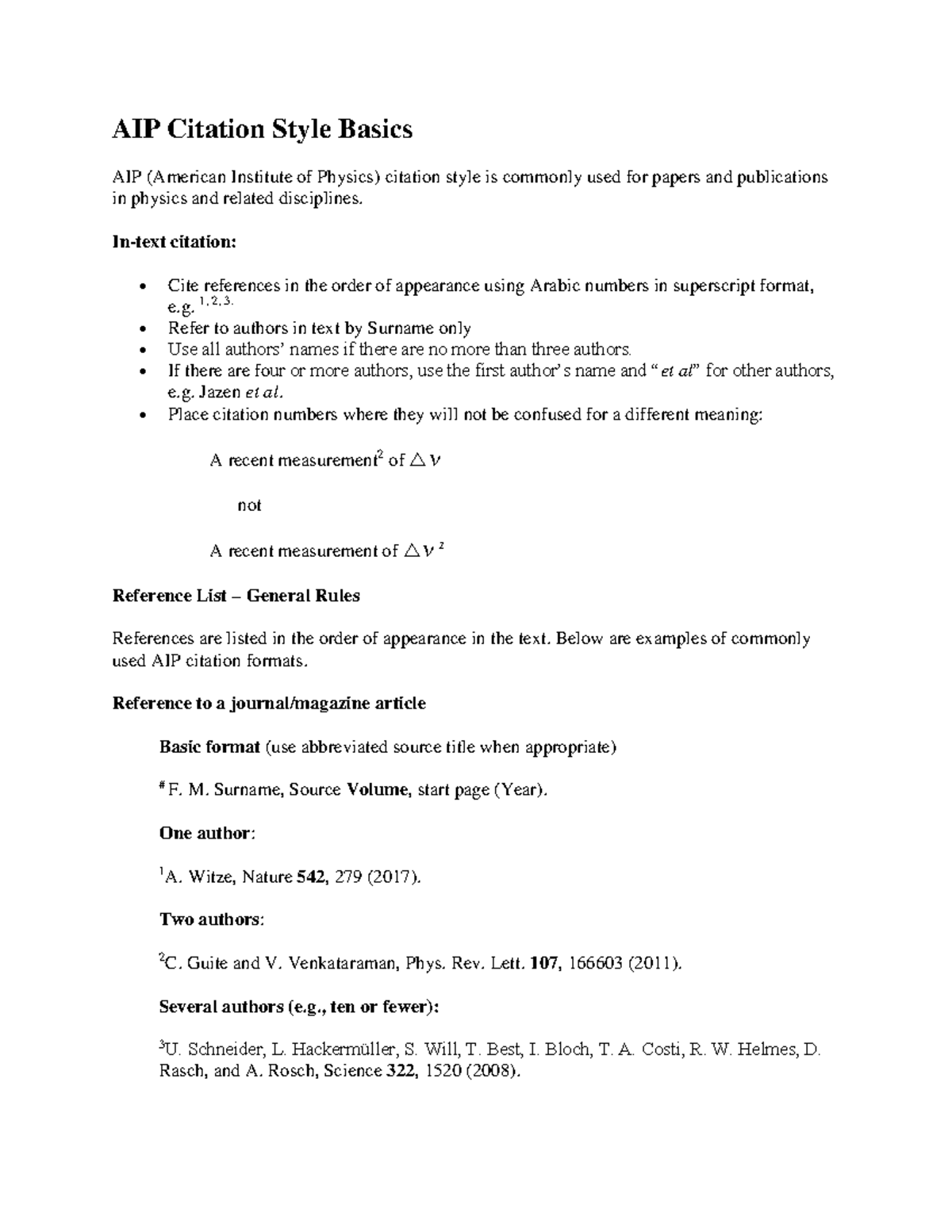 AIP Citation Style Basics: A Guide for Physics Papers - Studocu