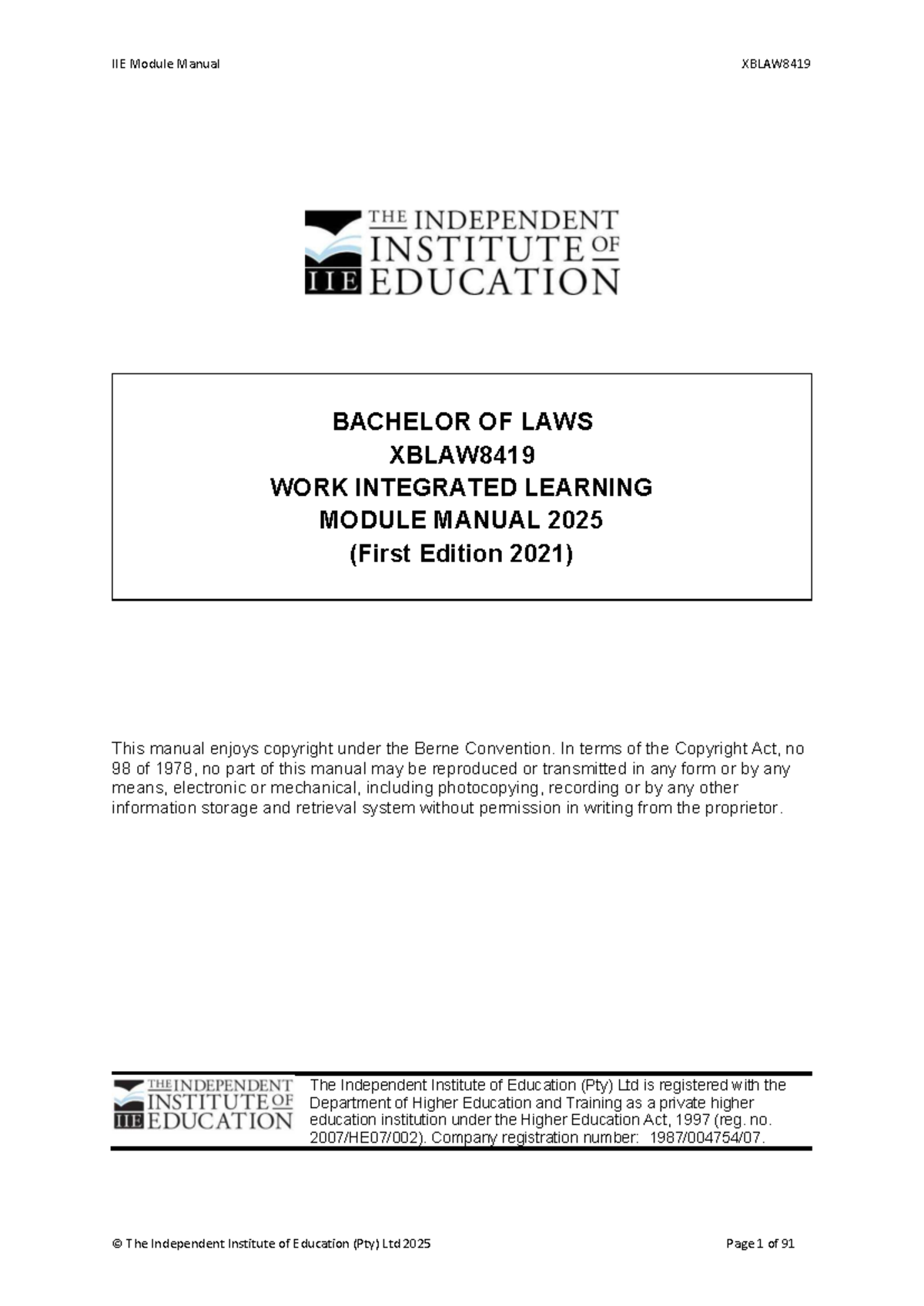 IIE Module Manual: Work Integrated Learning (WIL) XBLAW8419 - 2025 ...