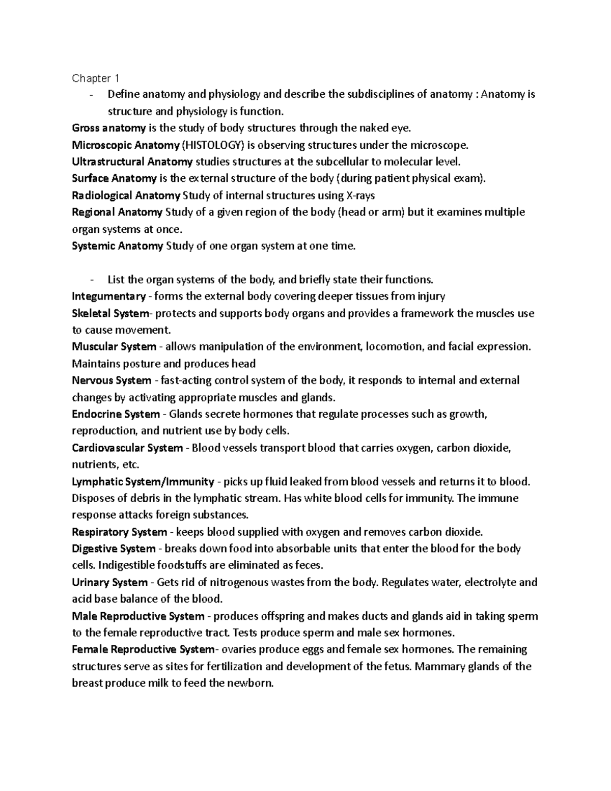 Anatomy and Physiology Overview - Chapter 1 & 2 - Studocu