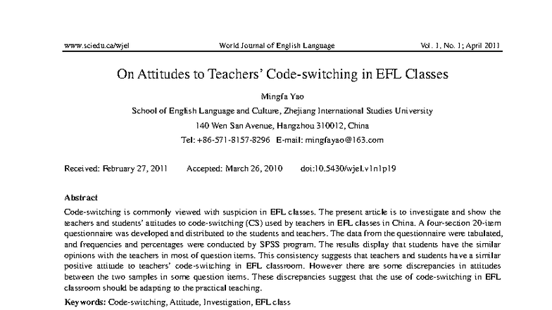 Attitudes Towards Code-Switching in EFL Classes: A Study of Teachers ...