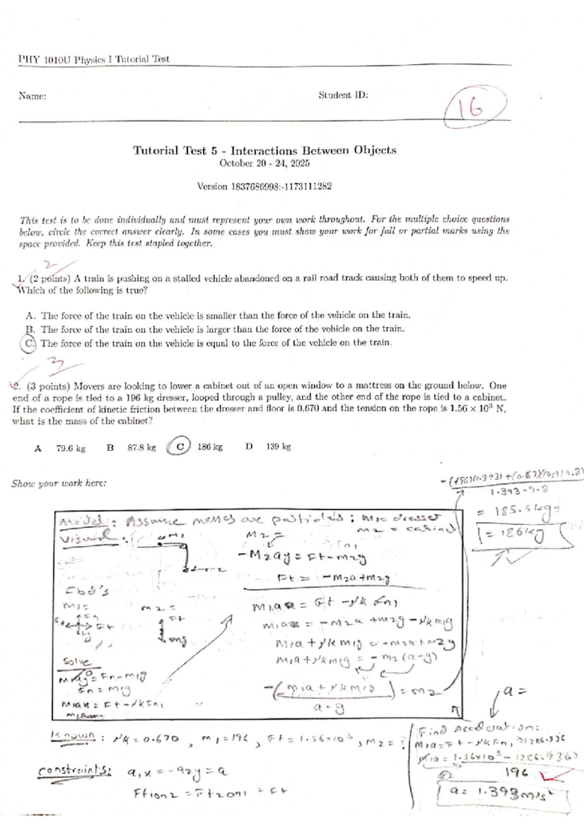 PHY 1010U Physics I Tutorial Test: Interactions Between Forces 2025/26 ...