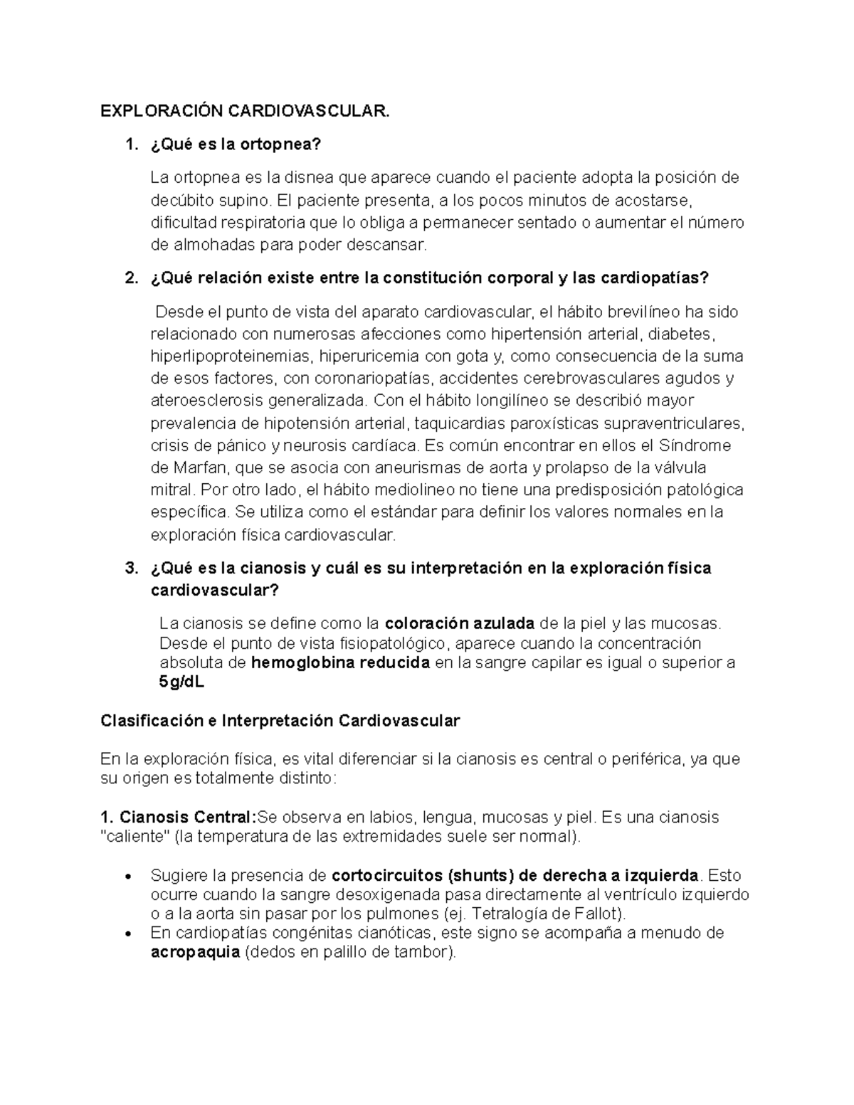 Exploración Cardiovascular: Ortopnea, Cianosis y Edema Cardíaco - Studocu