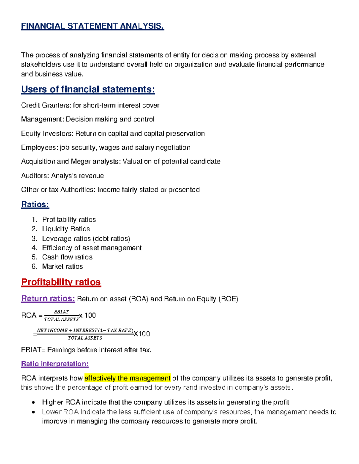 FMA 300 Financial Statement Analysis: Key Ratios and Interpretations ...