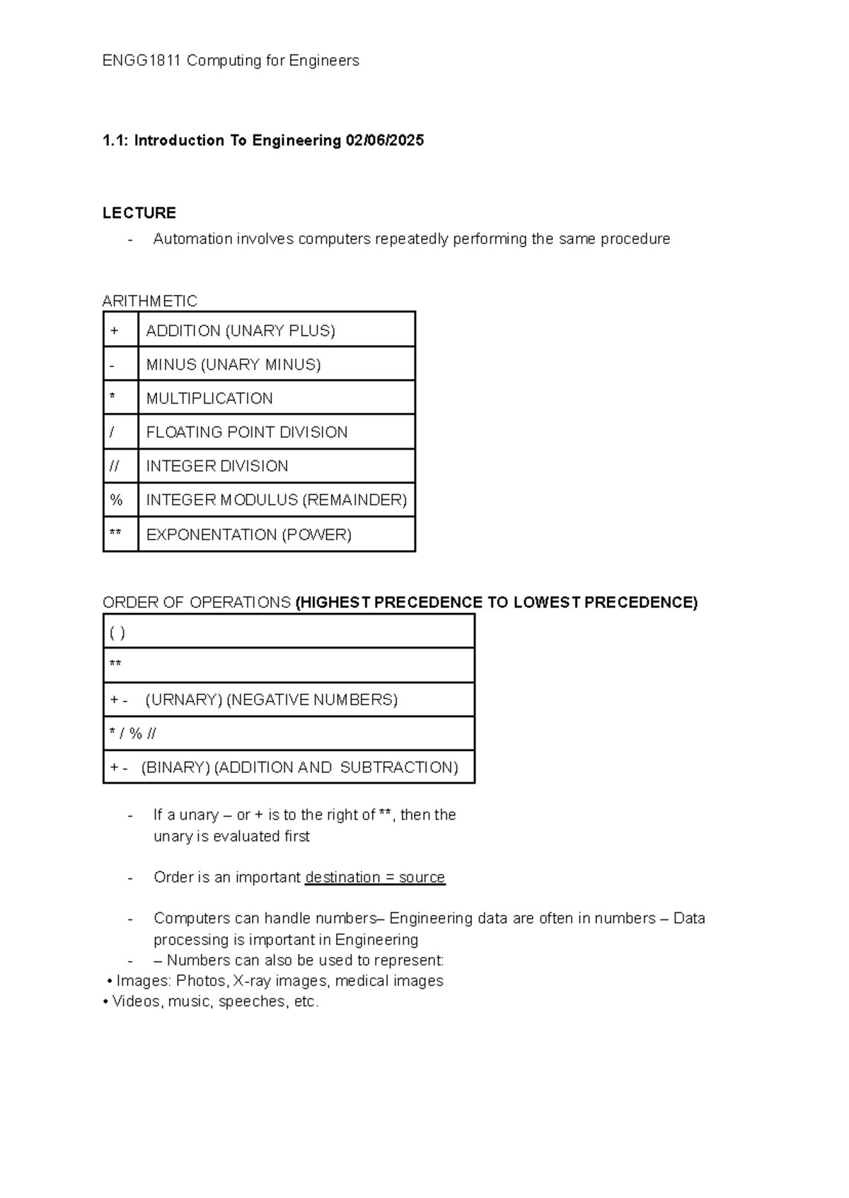 ENGG1811 Computing for Engineers: Lecture Notes on Programming Concepts ...