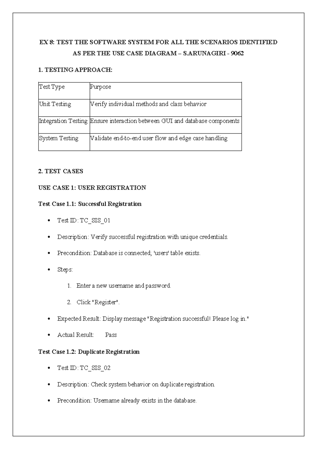 EX 8: Software System Testing Scenarios and Test Cases - Studocu
