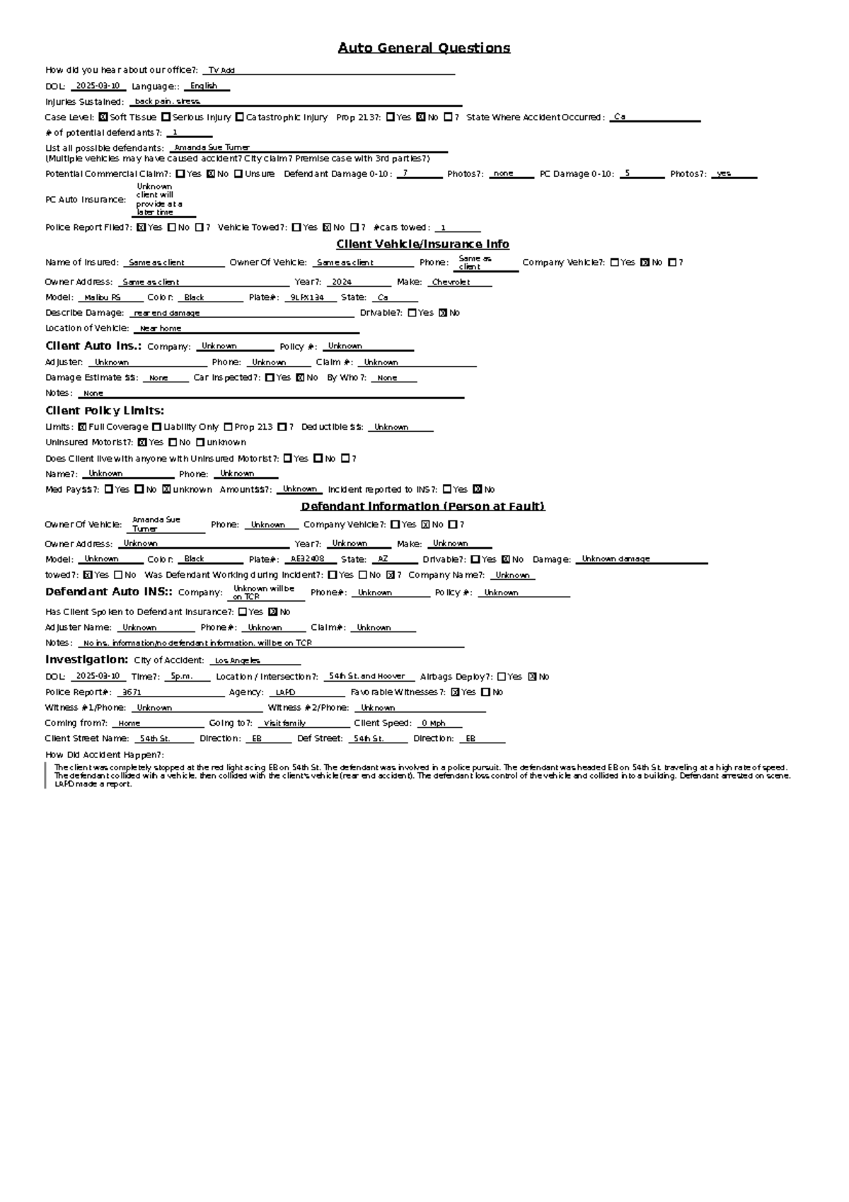 Rapid Legal Intake Packet: Auto Accident Case Details (CA) - Studocu