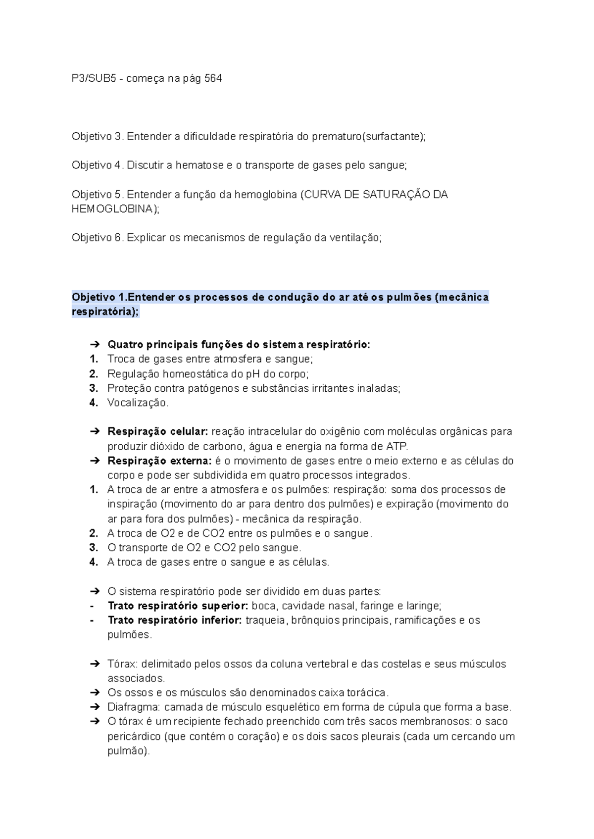 P3 SUB5 - Mecanismos e Funções do Sistema Respiratório - Studocu