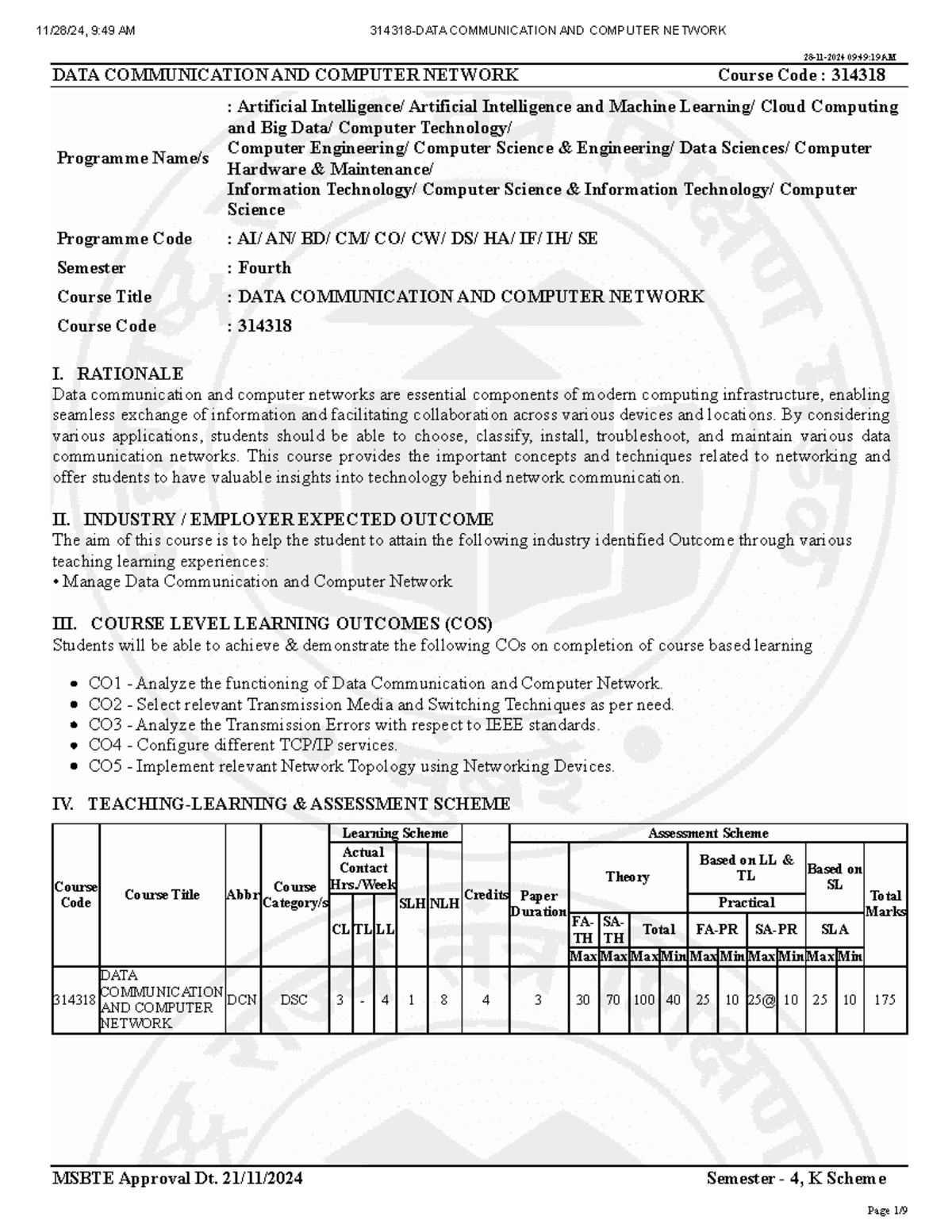 DATA COMMUNICATION AND COMPUTER NETWORK 314318 Course Overview - Studocu