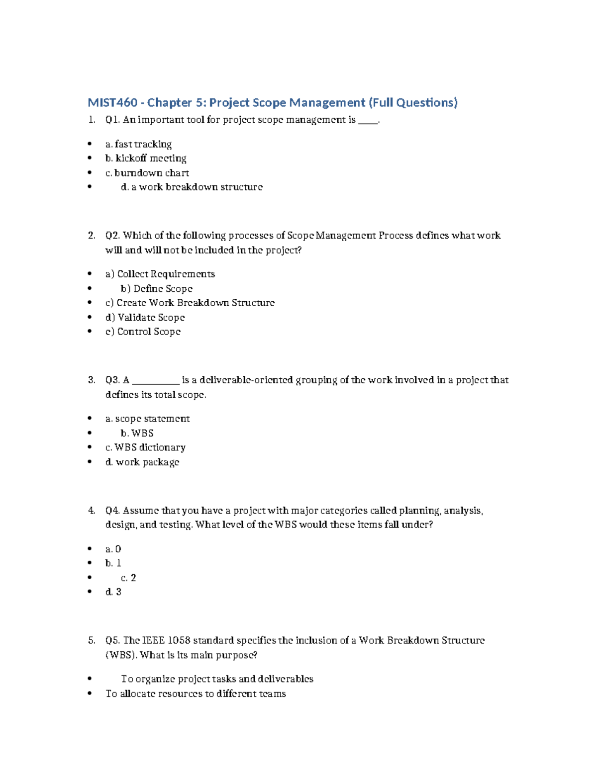 MIST460 Chapter 5: Project Scope Management - Full Q&A Guide - Studocu