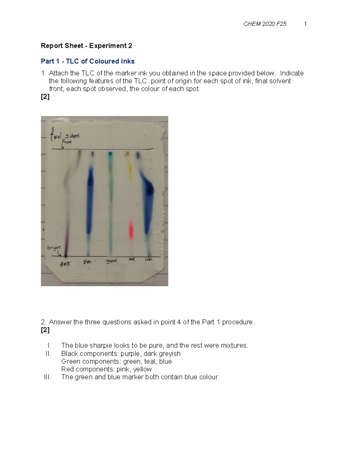 CHEM 2020 F25 Experiment 2 TLC Analysis of Coloured Inks and Unknowns ...