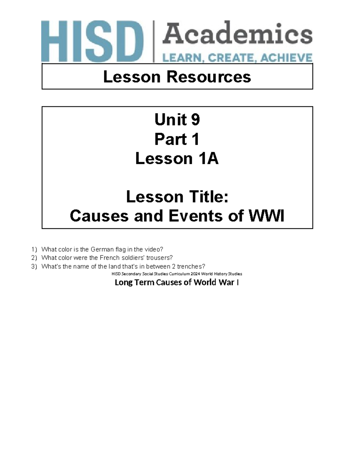 HISD 2024 World History: Causes & Events of WWI Lesson Notes - Studocu