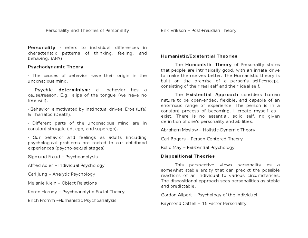 ITP 101 Finals - Comprehensive Lecture Notes on Personality Theories ...