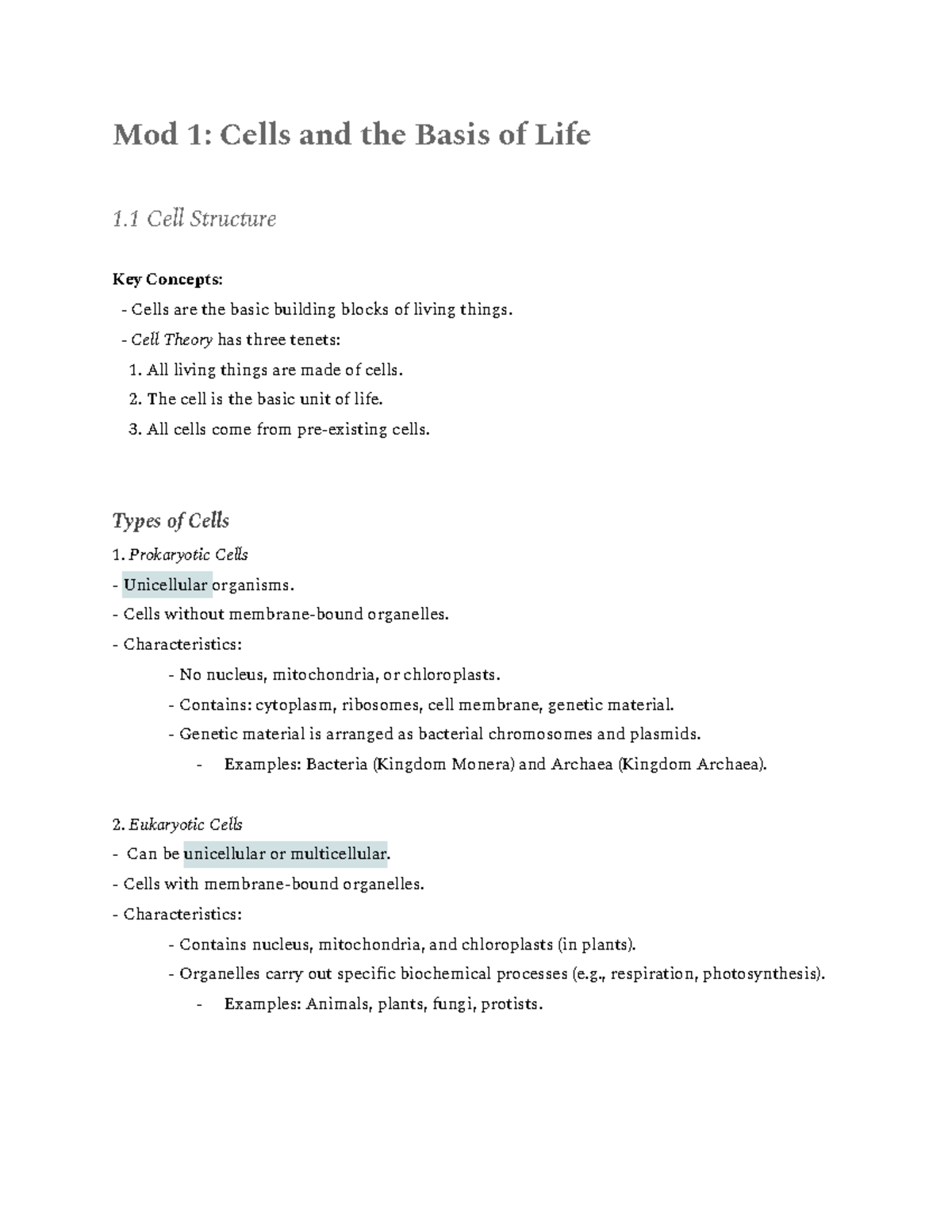Mod 1: Cells and the Basis of Life - Key Concepts and Functions - Studocu