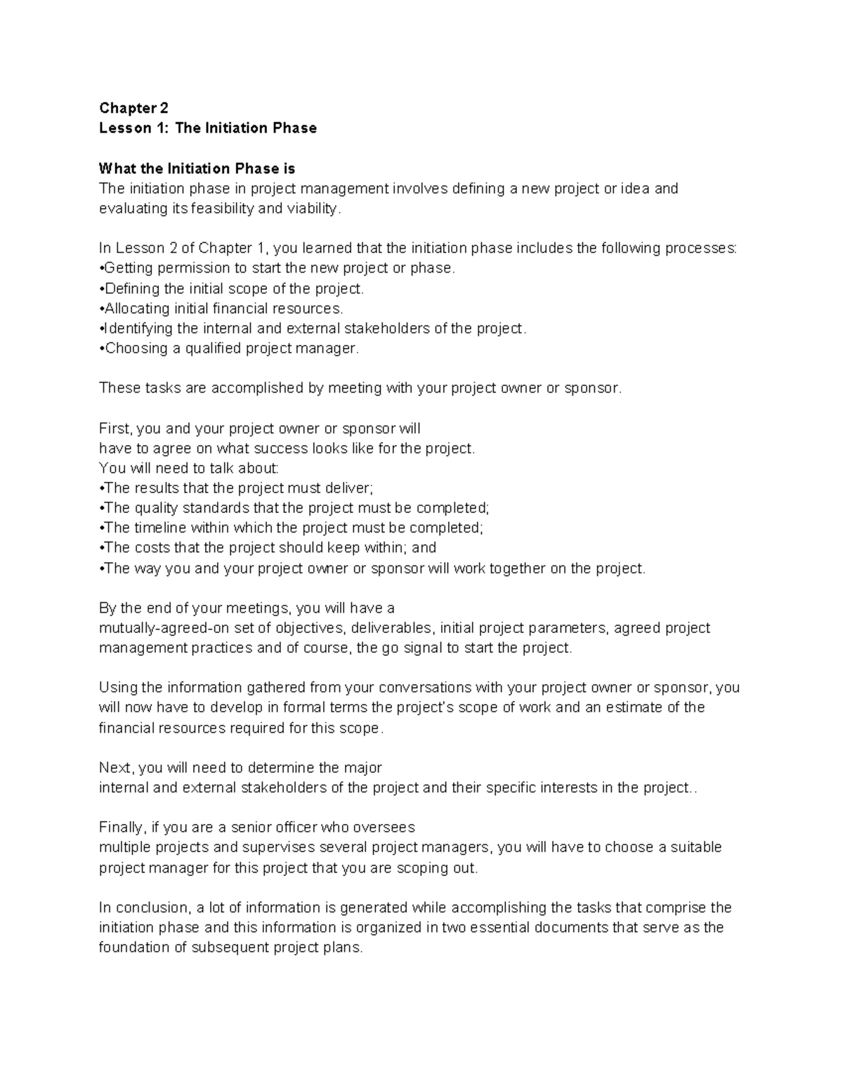 Project Management CH2: Understanding the Initiation Phase - Studocu