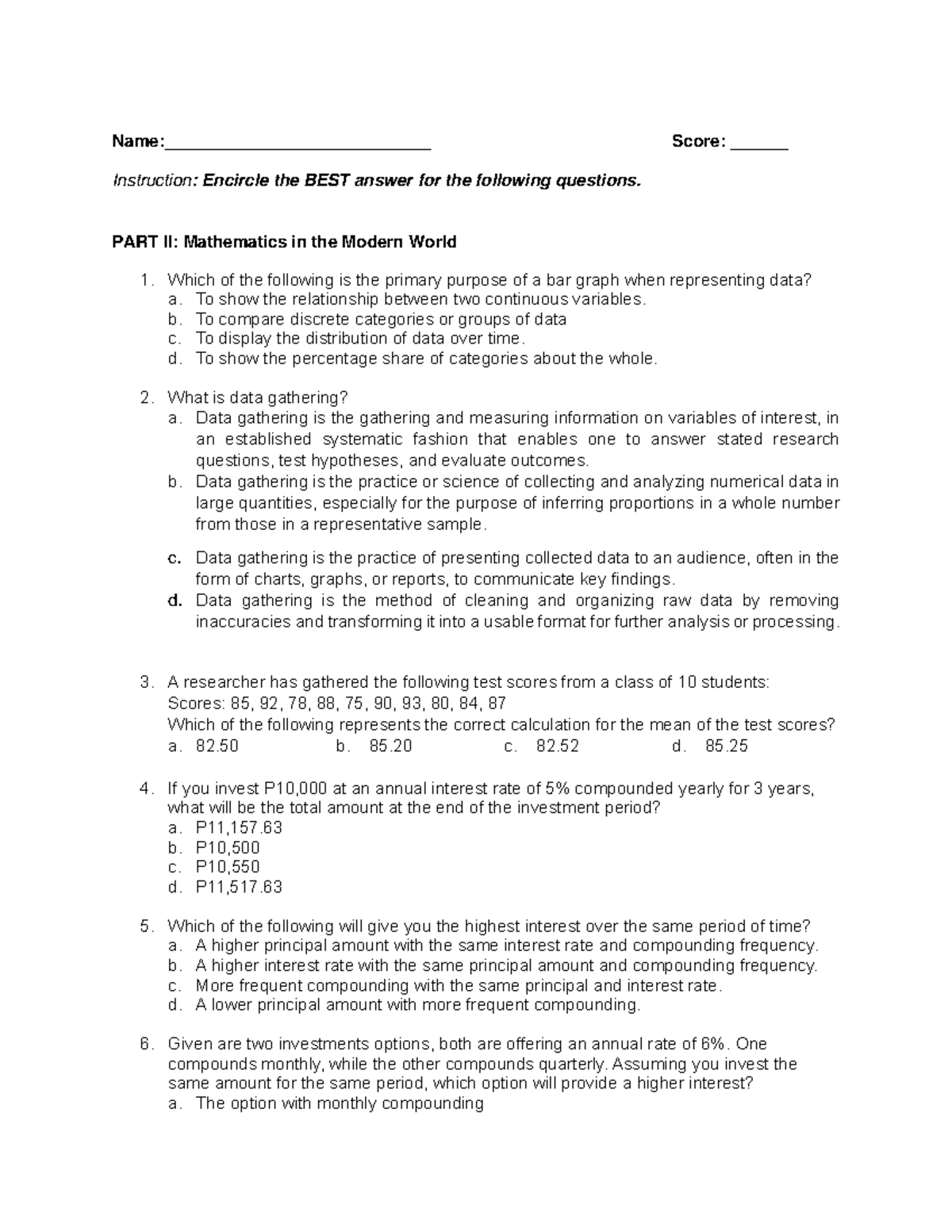 Mathematics - Quiz questions - Name:____________________________ Score ...