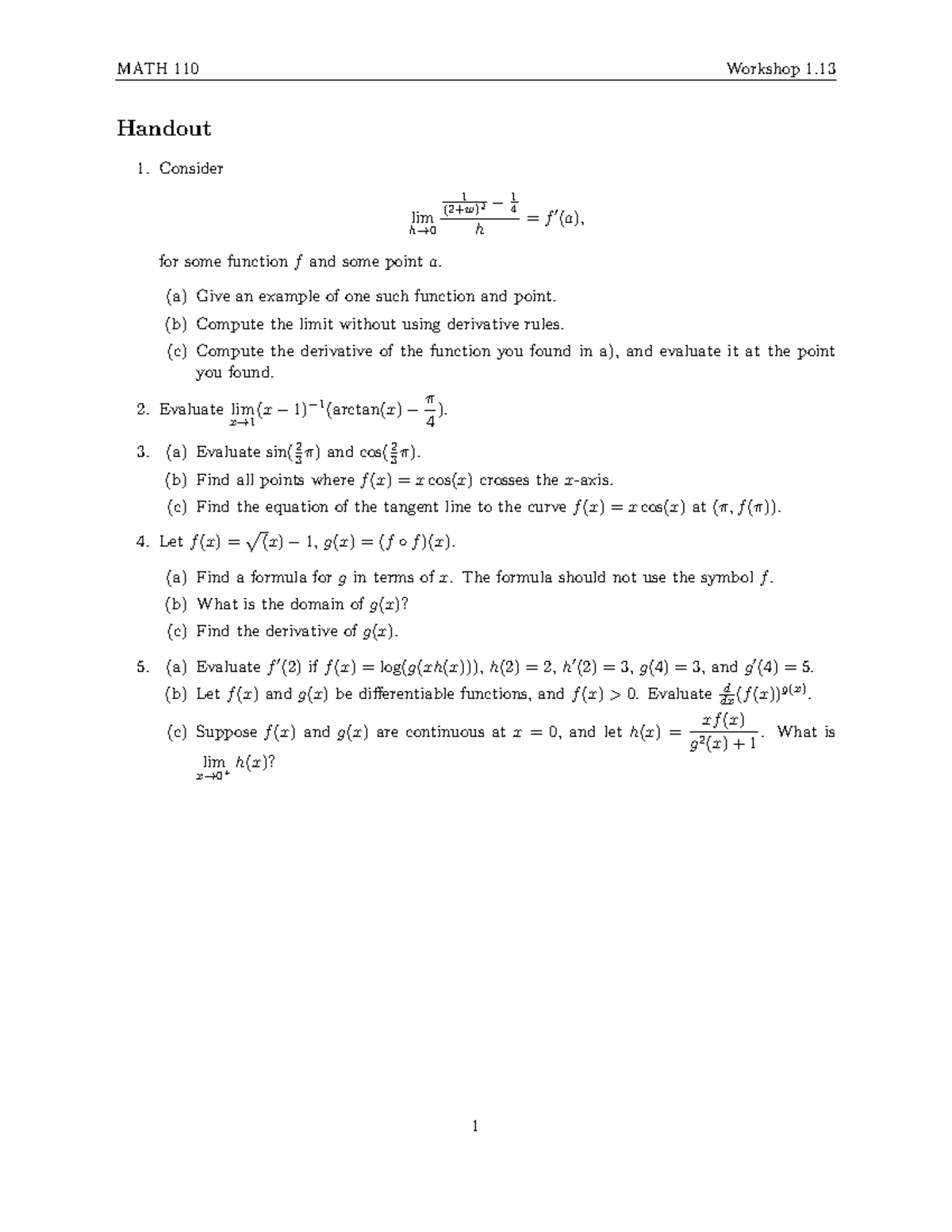 MATH 110 Workshop 1.13 Limit and Derivative Exercises Handout - Studocu