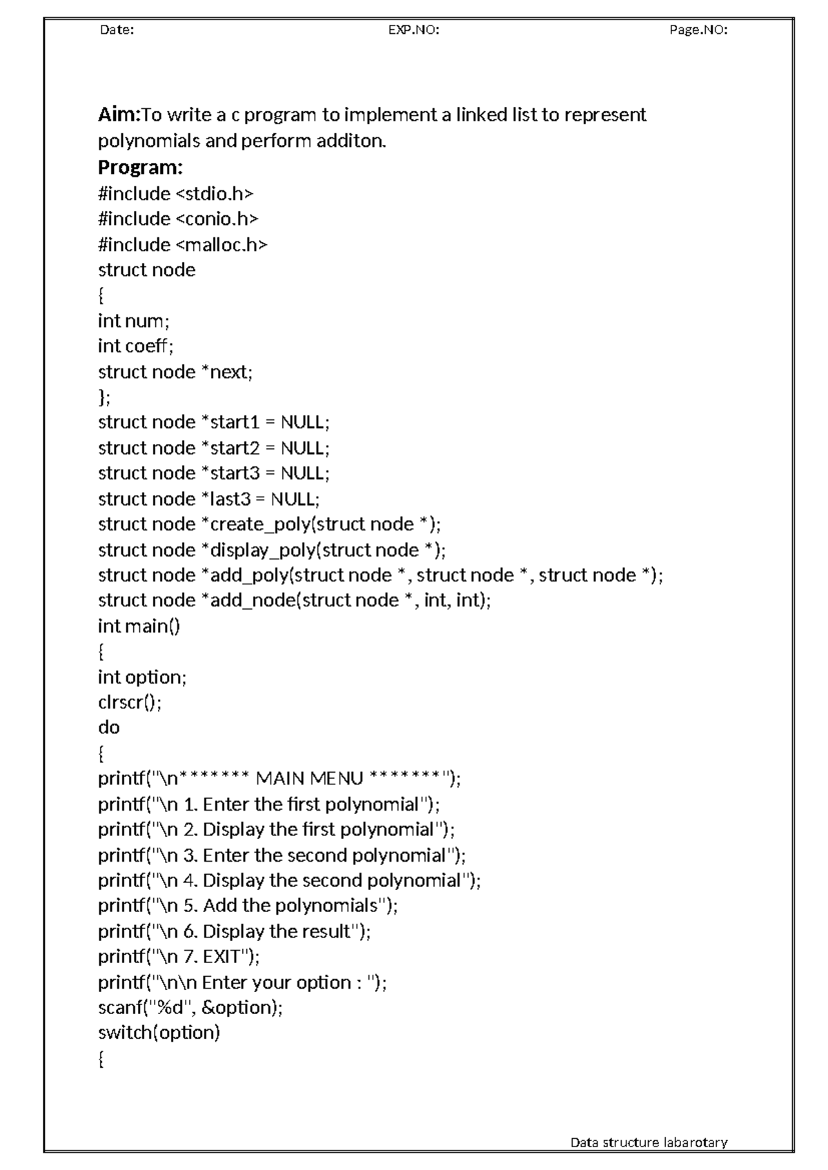 C Program for Linked List Polynomial Addition - Data Structure Lab ...