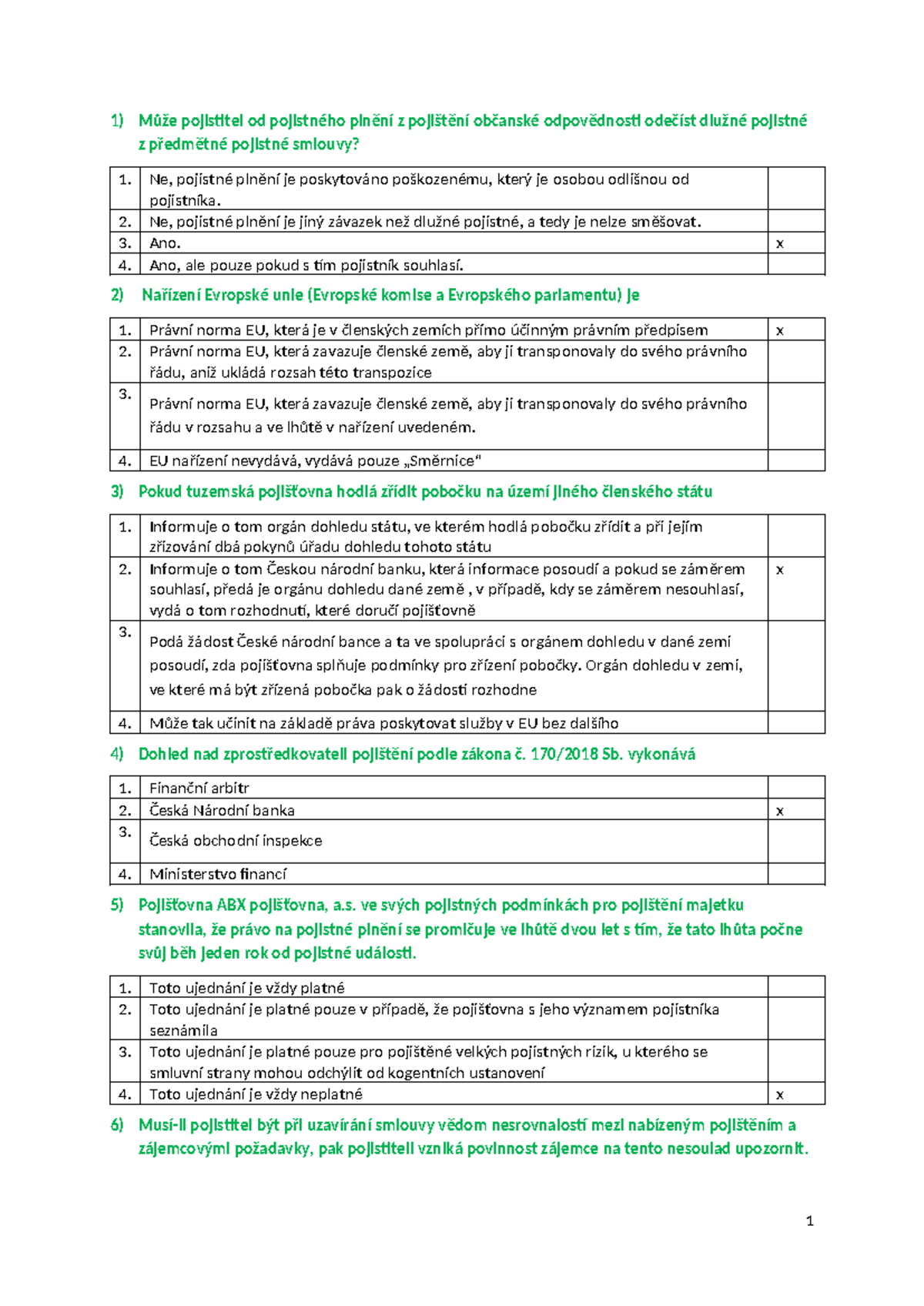 Pojistné právo - Všechny testové otázky k přípravě na zkoušku - Document Preview