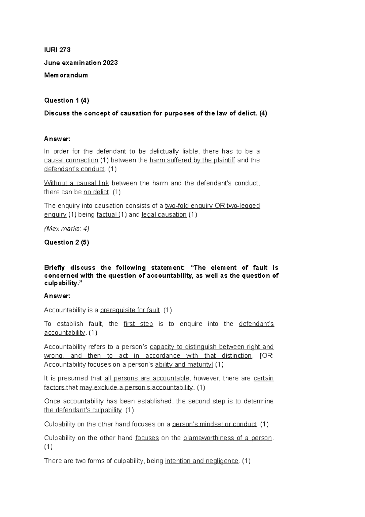 IURI 273 June 2023 Exam Memorandum: Key Concepts of Delict Law - Studocu
