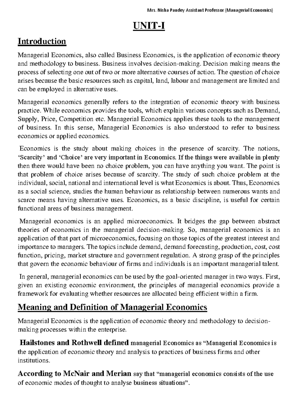 Managerial Economics (ME) - Lecture Notes by Mrs. Nisha Pandey - Studocu