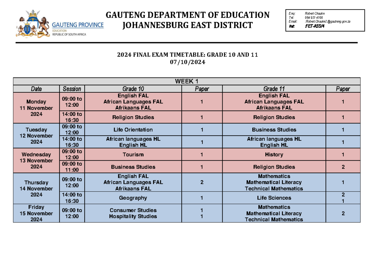 Updated 2024 Grade 10 and 11 Final Exam Timetable - GAUTENG DEPARTMENT ...