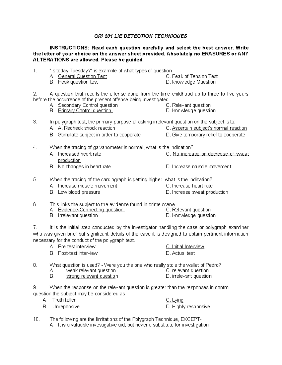 CRI 201 LIE DETECTION TECHNIQUES: Exam Questions & Answers Guide - Studocu