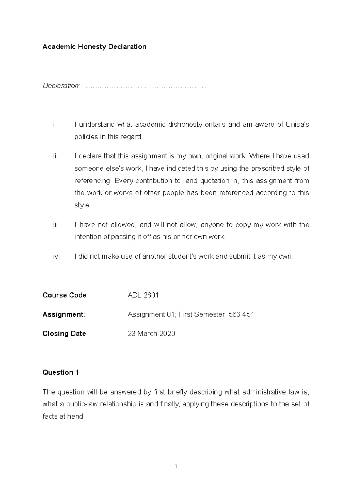 ADL 2601 - Assignment 01 - 563451.docx Studocu - Academic Honesty ...