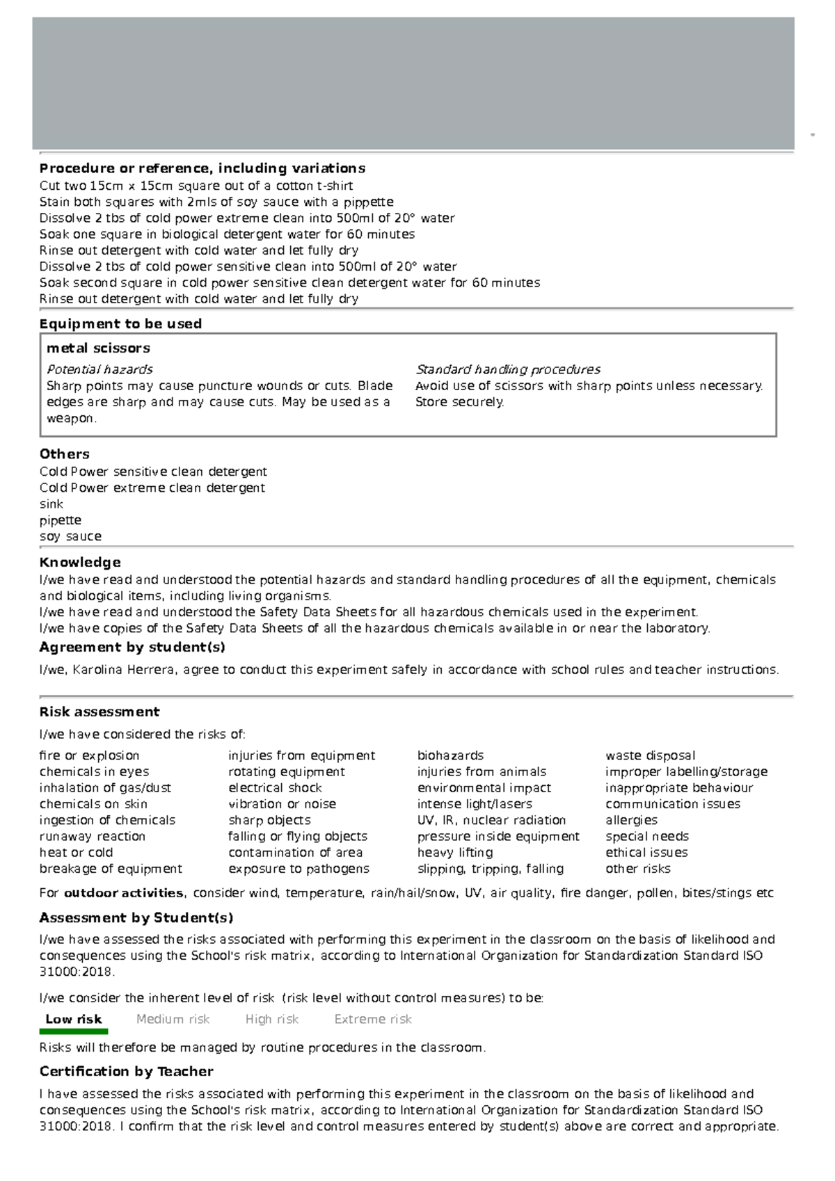 Risk Assessment: Biological vs Non-Biological Detergents (Year 10 ...