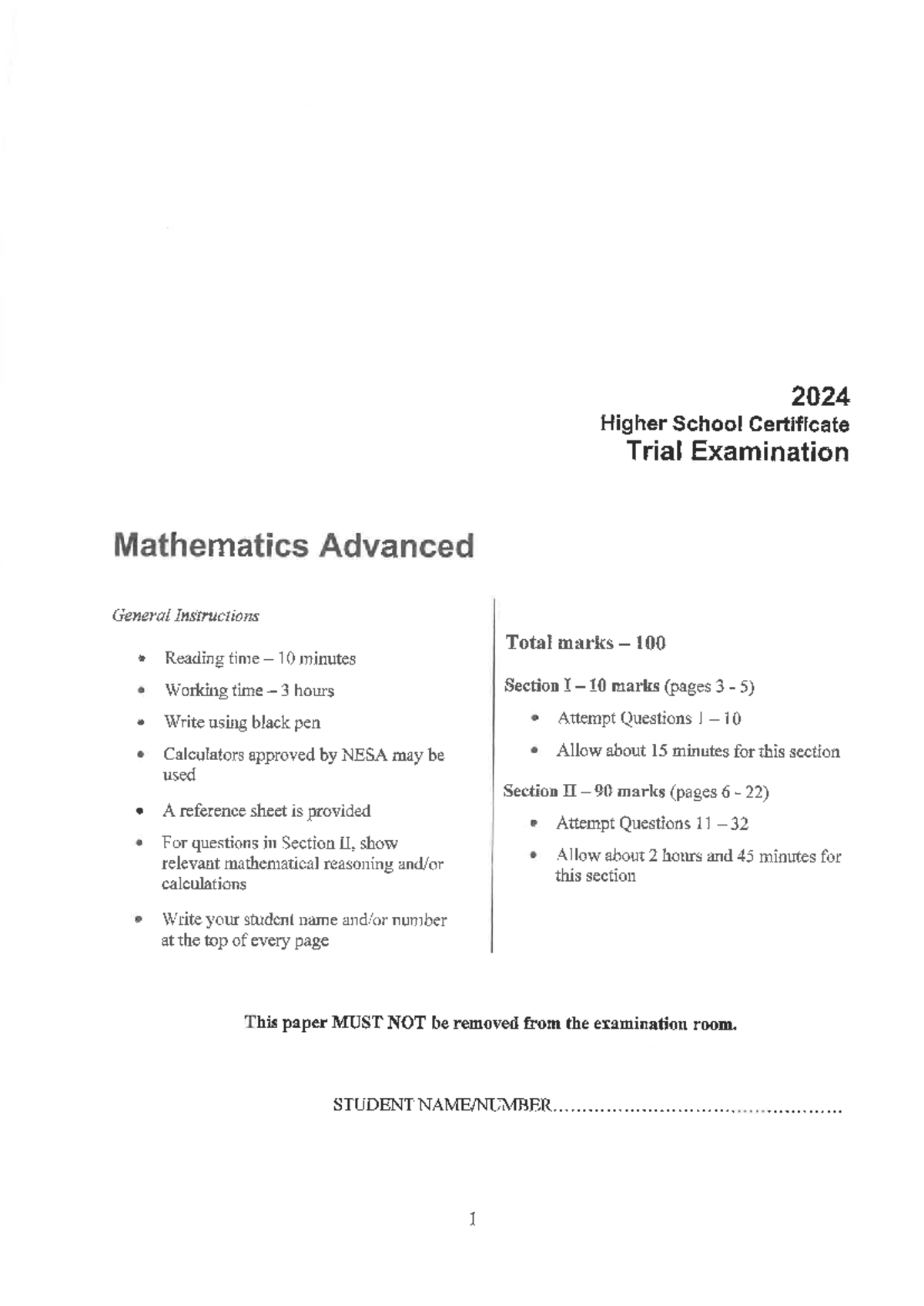 2024 HSC Trial Exam - Mathematics Advanced Practice Paper - Studocu