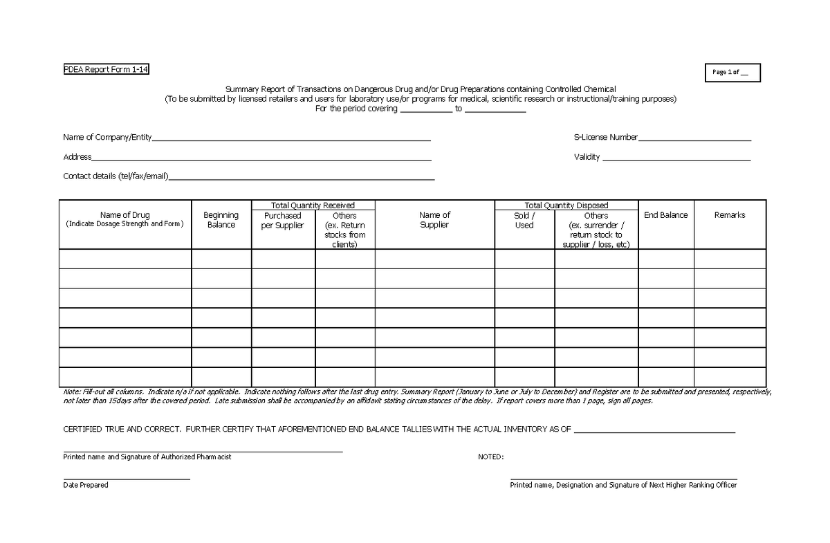 PDEA Report Form: Semi-Annual Summary of Controlled Chemicals - Studocu
