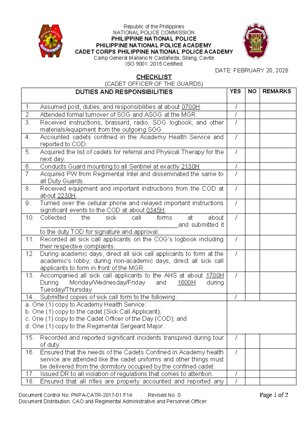 COG- Final Checklist for Cadet Officer of the Guards - Feb 20, 2026 ...