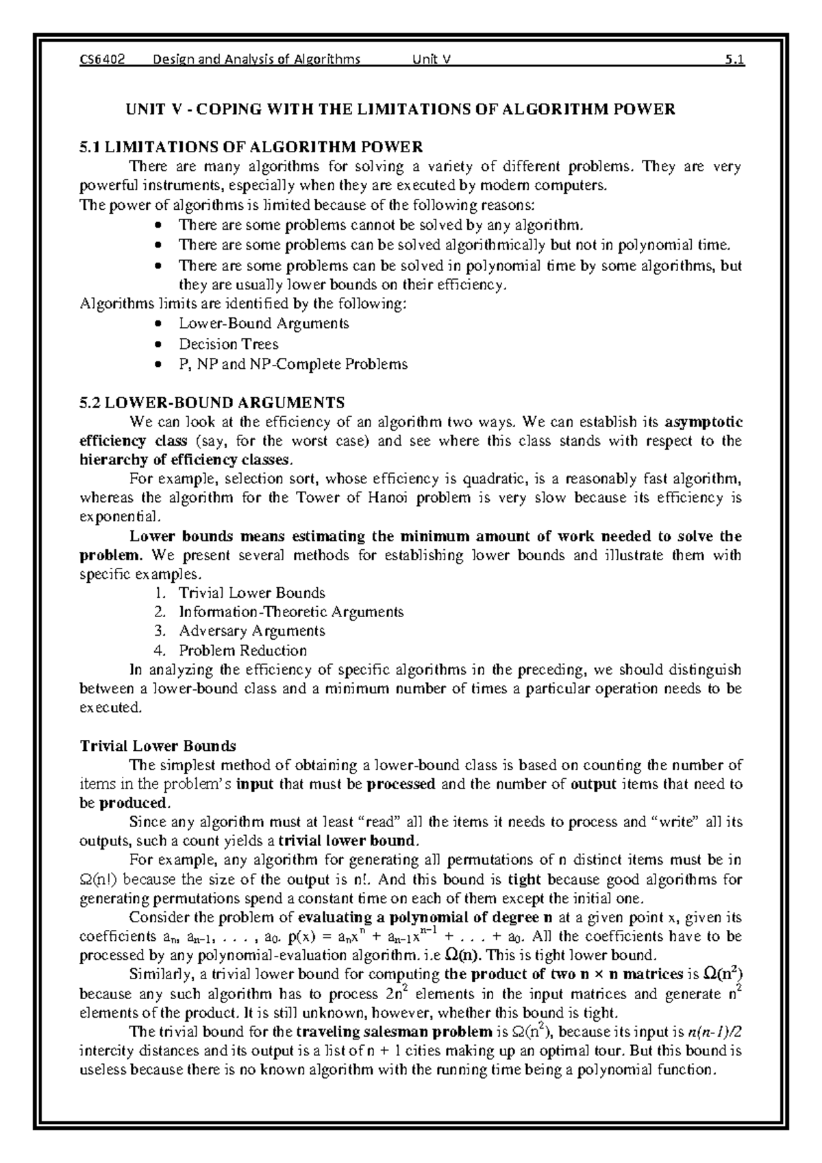 CS6402 Design and Analysis of Algorithms Unit V: Coping with Algorithm ...