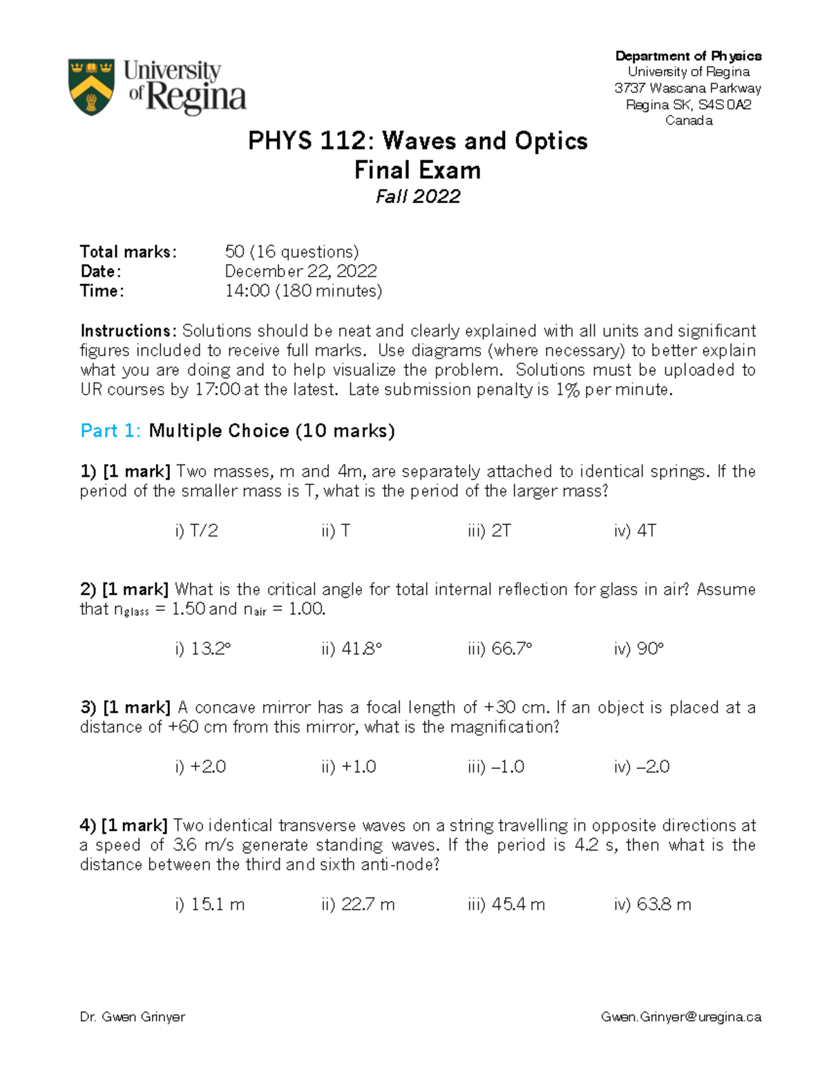 PHYS112 Final Exam: Waves & Optics Study Guide (Fall 2022) - Studocu