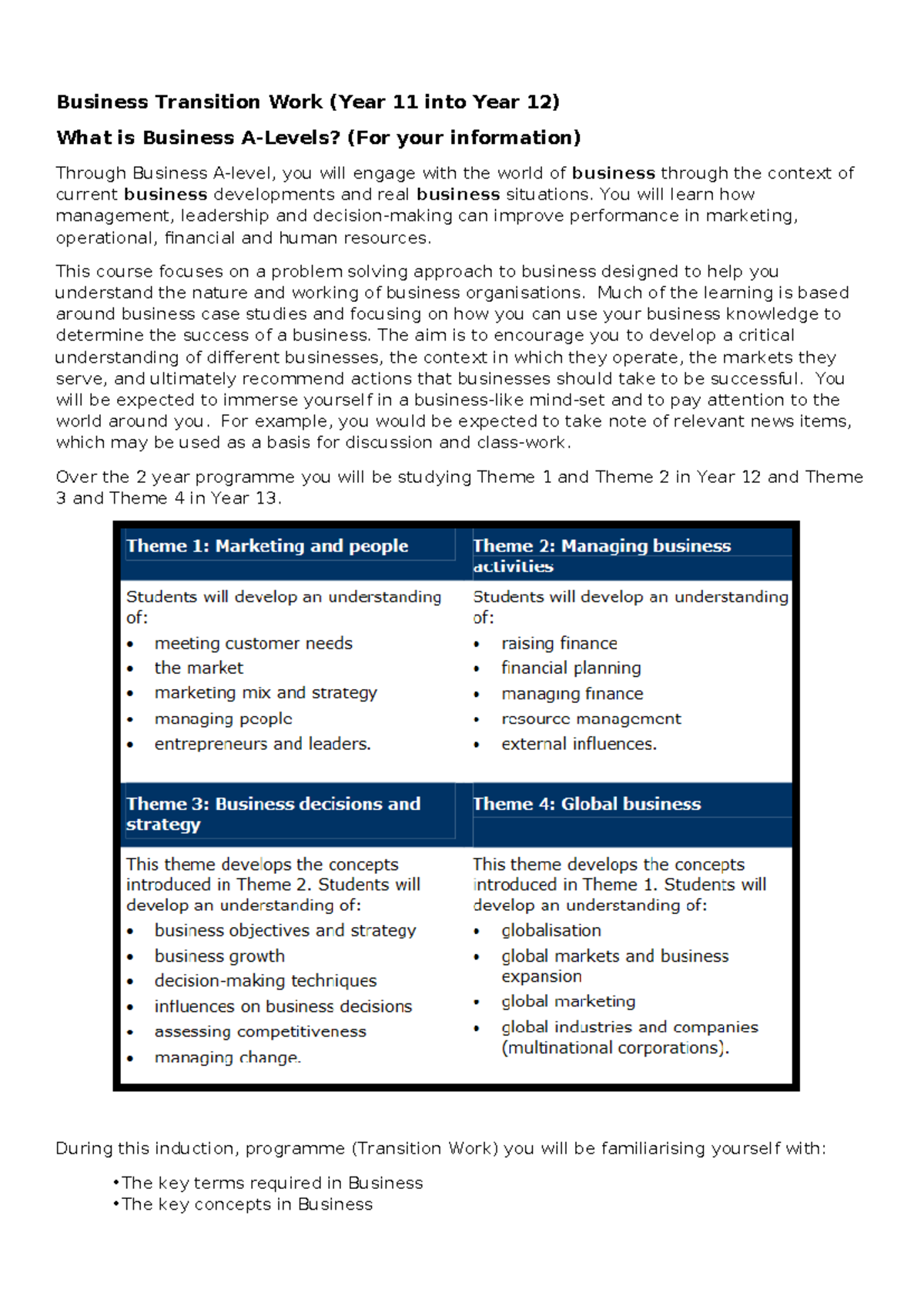 Year 11 to Year 12 Business Transition Work for A-Level Studies - Studocu