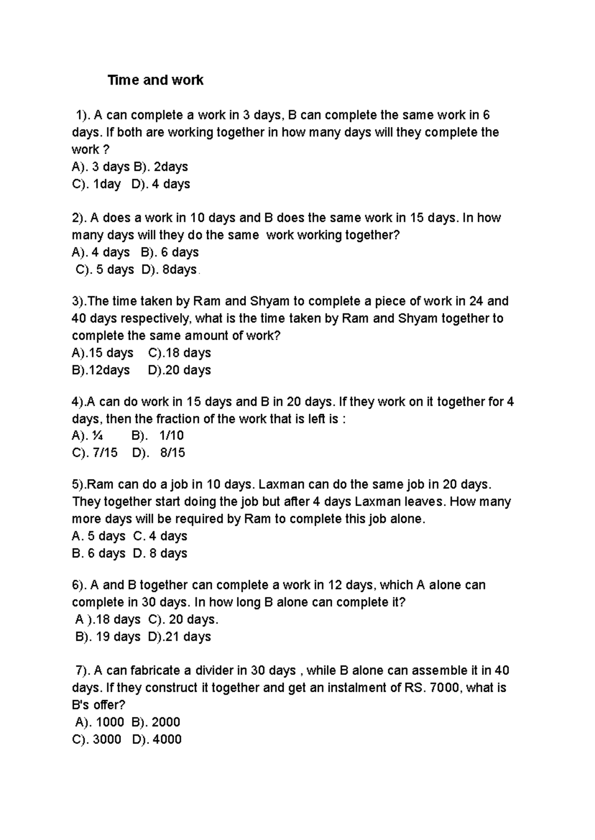 Time and Work 01 - Aptitude Questions and Solutions - Studocu