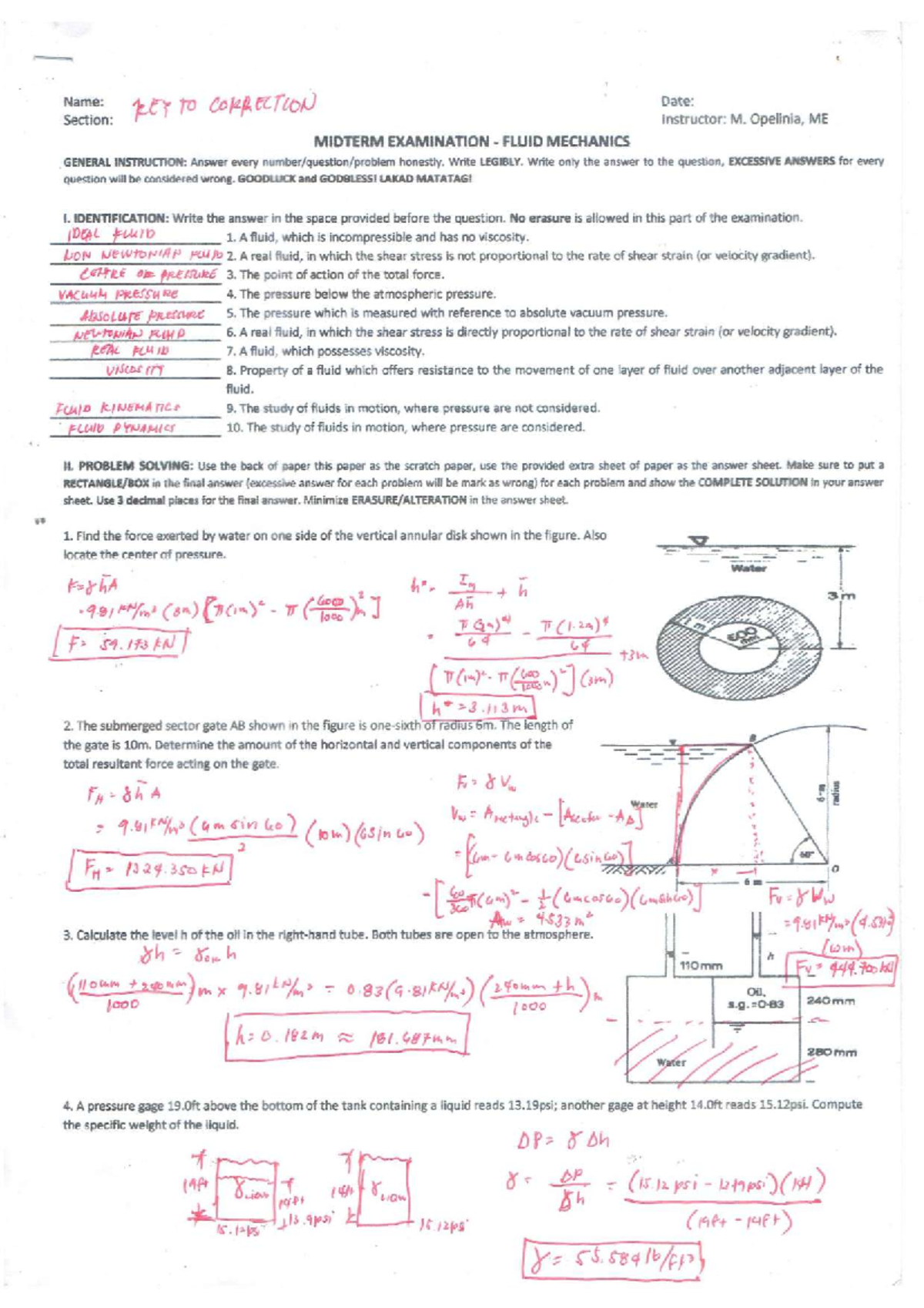 ME 202 Midterm Exam Solutions: Fluid Mechanics Key Concepts - Studocu