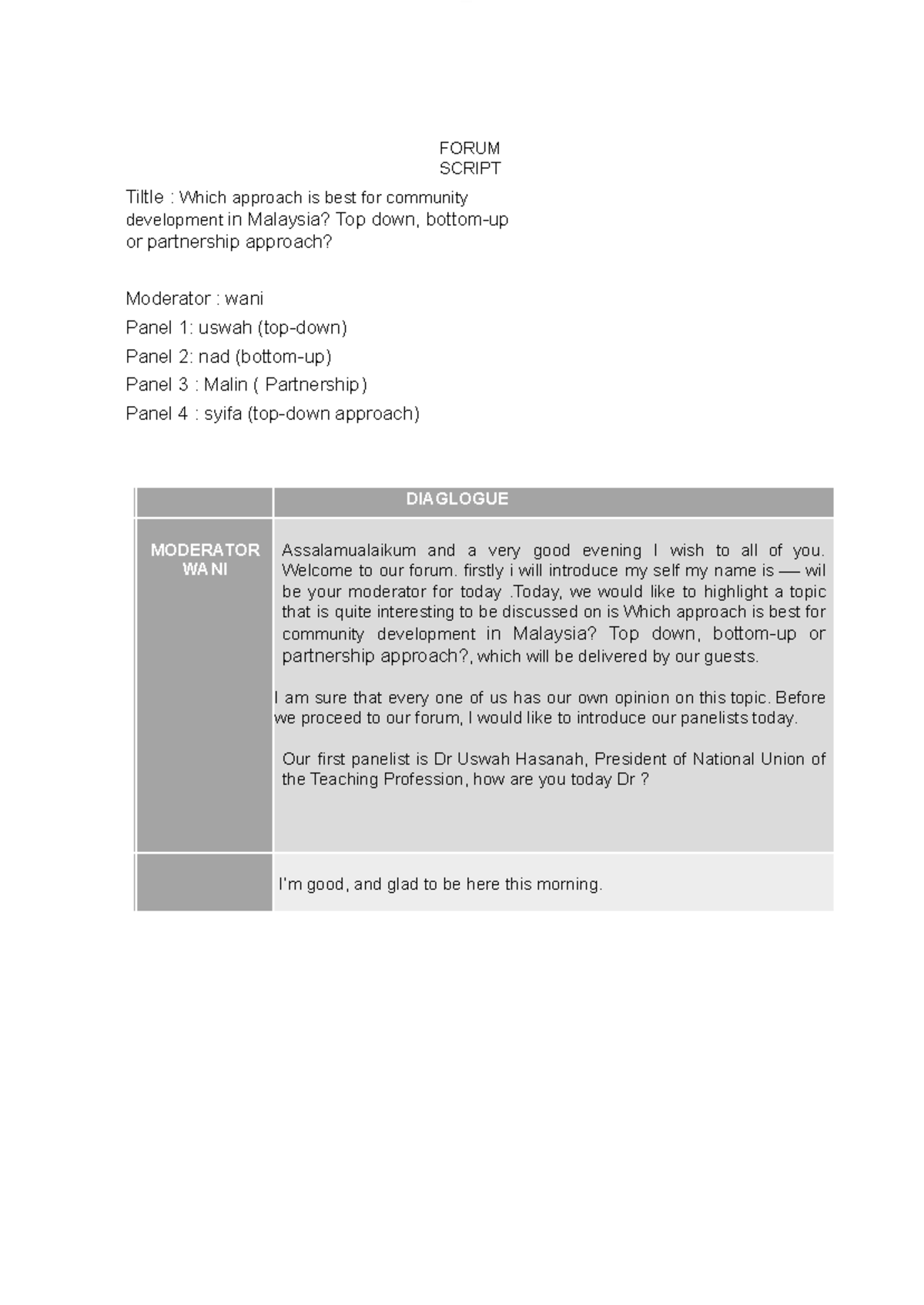 English Forum Script: Community Development Approaches in Malaysia ...