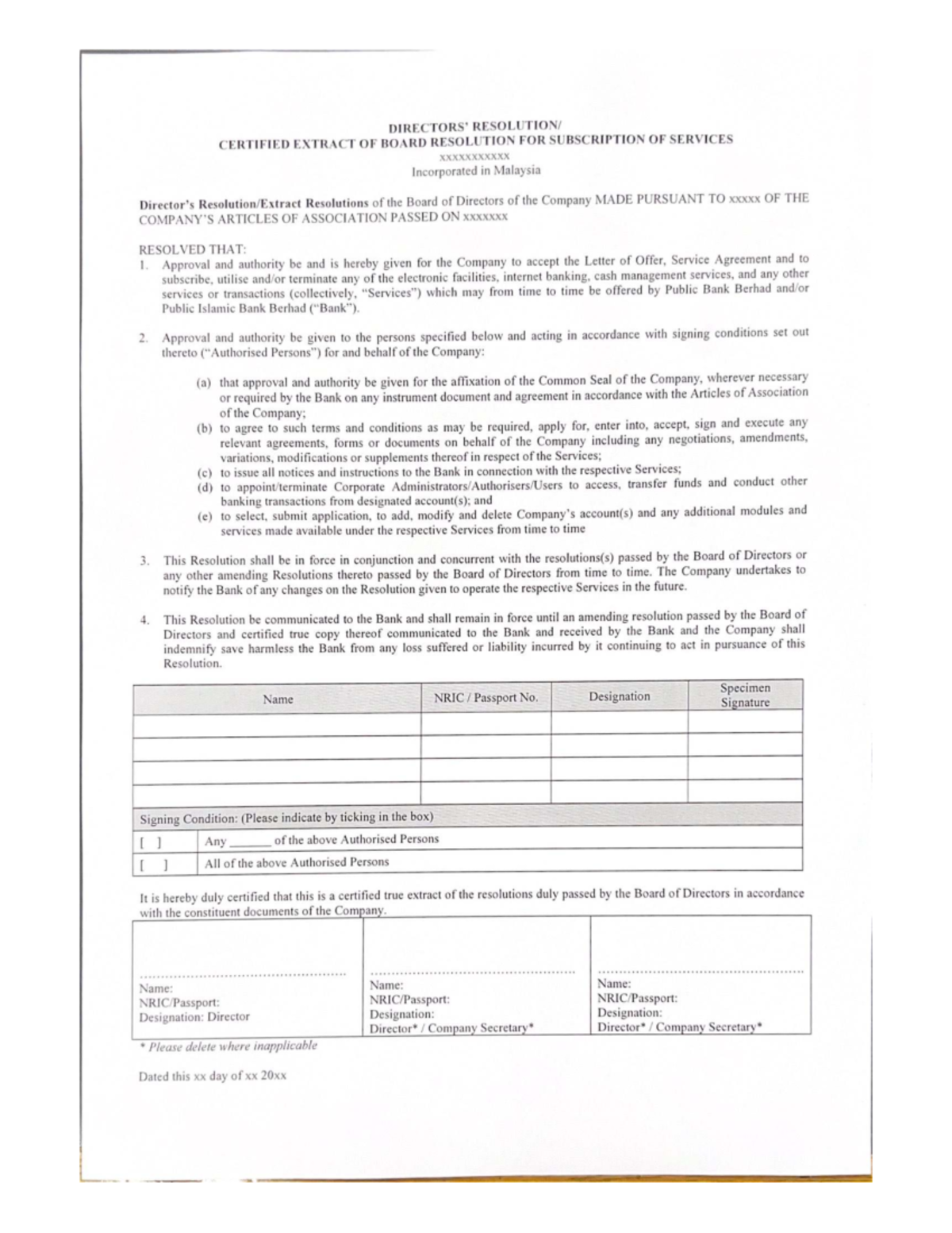 Certified Extract of Directors' Resolution for Service Subscription ...
