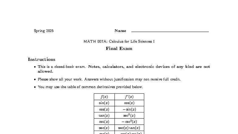 MATH 007A: Calculus for Life Sciences I Final Exam Review Sp 2025 - Studocu